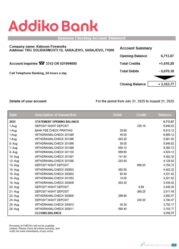 Download Bosnian Addiko enterprise account statement Word and PDF template Photoshop template